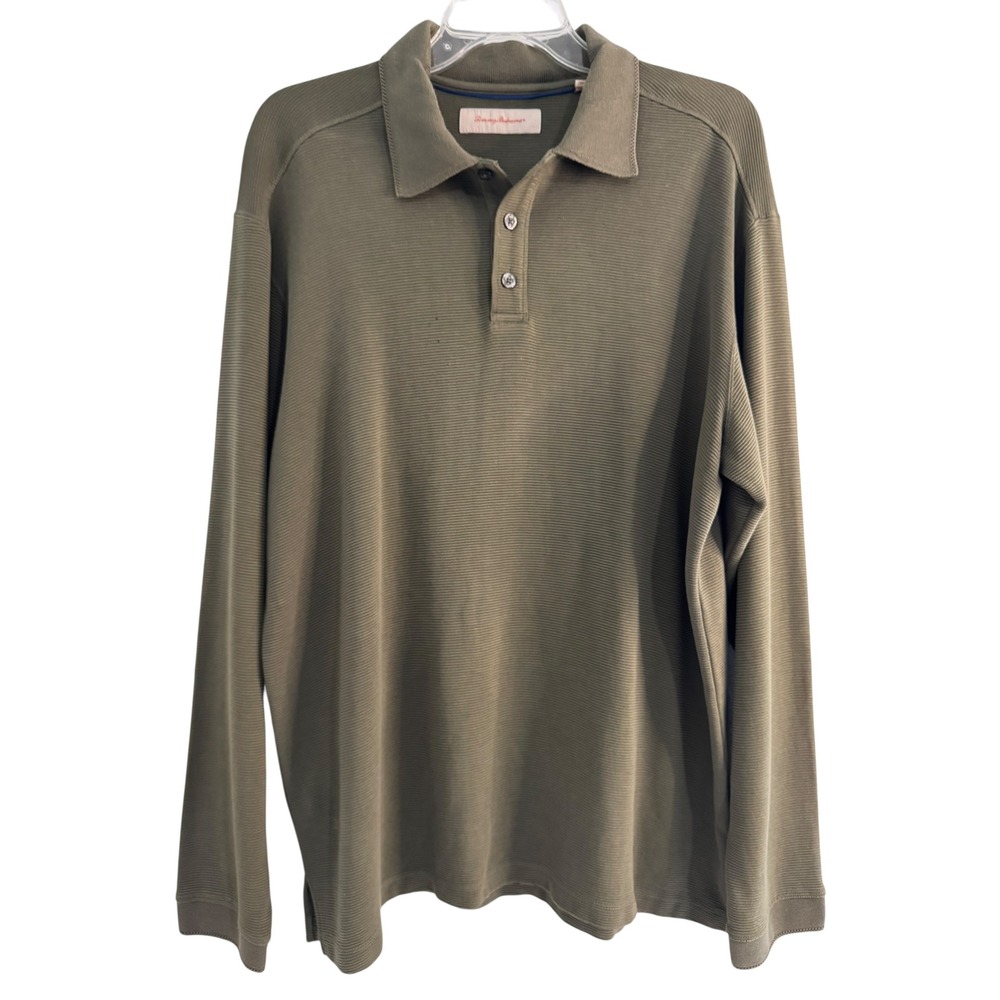 Tommy Bahama Men's L Olive Green Ribbed Long Sleeve Polo Casual Shirt Silk Blend
